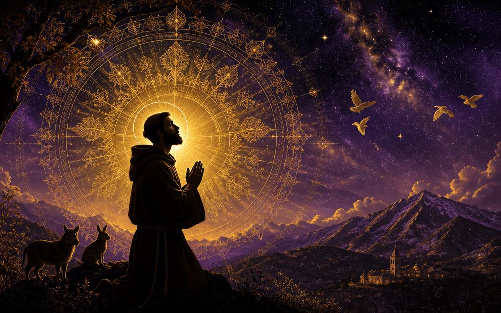 San Francesco d'Assisi in preghiera sotto un cielo stellato